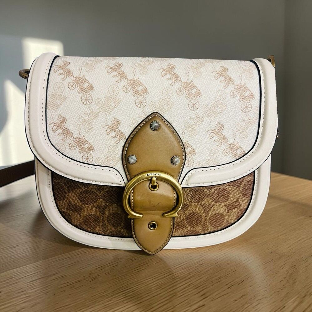Coach Beat Saddle Bag Chalk Tan Carriage Print Canvas Leather Crossbody